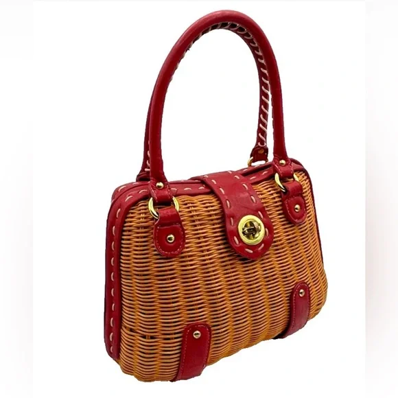 Red Leather Trimmed Woven Rattan Wicker Handbag Vintage chic elegant preppy bag - Picture 3 of 12